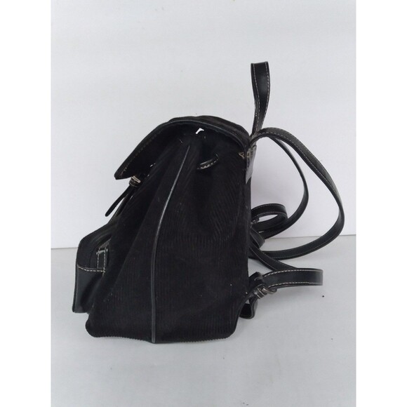 Vintage Black Corduroy Mini Backpack with Leather Trim Drawstring Casual Daypack - Picture 2 of 7